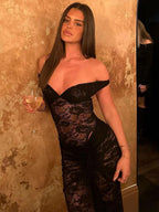 Party Dress Maxi Coffee Brown Off-The-Shoulder Lace Sexy Semi Formal Dress