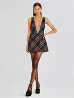 Party Dress Mini Dark Navy V-Neck Rhinestones Sleeveless Sexy Semi Formal Dress
