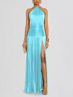 Party Dress Maxi Gold Sleeveless Backless Elegant Semi Formal Gown