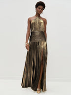 Party Dress Maxi Gold Sleeveless Backless Elegant Semi Formal Gown