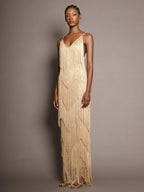 Party Dress Maxi Gold V-Neck Sleeveless Open Shoulder Sexy Semi Formal Summer Dress
