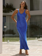 Party Dress Maxi Royal Blue Straps Neck Sleeveless Backless Sexy Semi Formal Gown