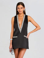 Party Dress Mini Dark Navy V-Neck Rhinestones Sleeveless Sexy Semi Formal Dress