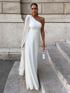 Date Night Dresses Maxi Split Front Sleeveless One-Shoulder Casual Blue Dress