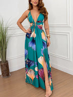Vacation Dresses Maxi Cut Out Sleeveless V-Neck Sexy Cyan Blue Bohemian Dress