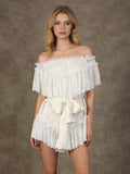 Daily Dresses Woman's Mini White Lace Off-The-Shoulder Raised Waist Dress
