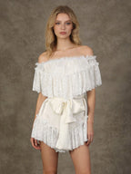 Daily Dresses Woman's Mini White Lace Off-The-Shoulder Raised Waist Dress