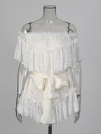Daily Dresses Woman's Mini White Lace Off-The-Shoulder Raised Waist Dress