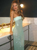 Party Dress Mint Green Strapless Sequins Backless Sleeveless Casual Semi Formal Dress