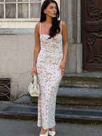 Party Maxi Dresses White Straps Neck Lace Sleeveless Backless Chic Semi Formal Dress