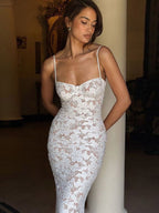 Party Maxi Dresses White Straps Neck Lace Sleeveless Backless Chic Semi Formal Dress