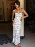Party Maxi Dresses White Straps Neck Lace Sleeveless Backless Chic Semi Formal Dress