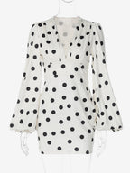 Date Night Dresses Summer Long Sleeves Polka Dot V-Neck Puff Sleeves Casual White Mini Dress