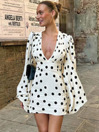 Date Night Dresses Summer Long Sleeves Polka Dot V-Neck Puff Sleeves Casual White Mini Dress