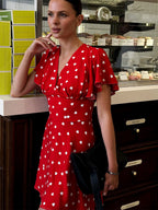 Daily Dresses For Woman Summer Mini Red Pleated Short Sleeves V-Neck Wrap Waist Polka Dot Dress