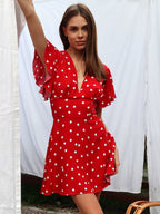 Daily Dresses For Woman Summer Mini Red Pleated Short Sleeves V-Neck Wrap Waist Polka Dot Dress