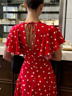 Daily Dresses For Woman Summer Mini Red Pleated Short Sleeves V-Neck Wrap Waist Polka Dot Dress