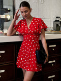 Daily Dresses For Woman Summer Mini Red Pleated Short Sleeves V-Neck Wrap Waist Polka Dot Dress
