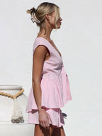 Two Piece Sets Pink V-Neck Short Sleeves Top Pants Summer Sets