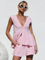 Two Piece Sets Pink V-Neck Short Sleeves Top Pants Summer Sets