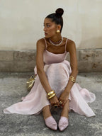 Two Piece Sets Pink Chic Daily Velour Straps Neck Sleeveless Backless Summer Top Skirt Sets