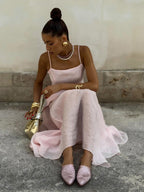 Two Piece Sets Pink Chic Daily Velour Straps Neck Sleeveless Backless Summer Top Skirt Sets