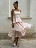 Two Piece Sets Pink Chic Daily Velour Straps Neck Sleeveless Backless Summer Top Skirt Sets