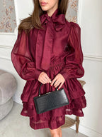 Daily Dresses For Women Mini Burgundy Pleated Long Sleeves Stand Collar Wrap Waist Gown