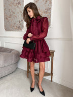 Daily Dresses For Women Mini Burgundy Pleated Long Sleeves Stand Collar Wrap Waist Gown