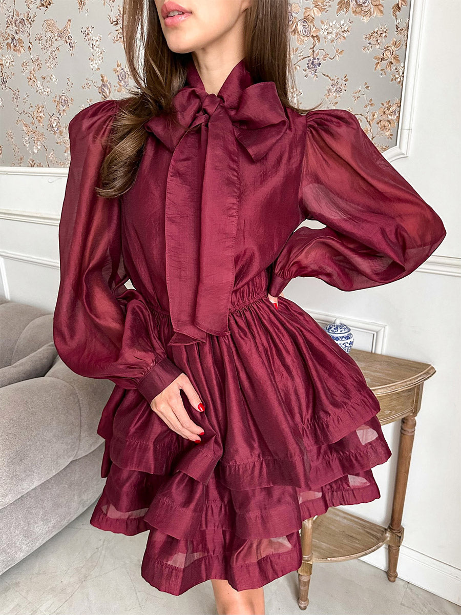 Daily Dresses For Women Mini Burgundy Pleated Long Sleeves Stand Collar Wrap Waist Gown