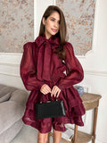 Daily Dresses For Women Mini Burgundy Pleated Long Sleeves Stand Collar Wrap Waist Gown