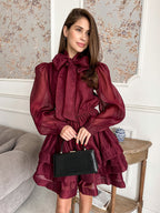Daily Dresses For Women Mini Burgundy Pleated Long Sleeves Stand Collar Wrap Waist Gown