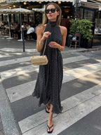 Daily Dresses Woman's Maxi Black Sleeveless Backless Halter Polka Dot Summer Dress