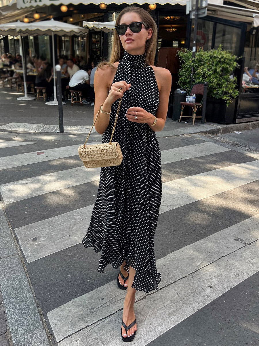 Daily Dresses Woman's Maxi Black Sleeveless Backless Halter Polka Dot Summer Dress
