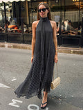 Daily Dresses Woman's Maxi Black Sleeveless Backless Halter Polka Dot Summer Dress