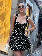 Date Night Dresses Mini Backless Sleeveless Polka Dot Straps Neck Casual White Summer Dress