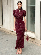 Night Out Dresses Maxi Burgundy Short Puff Sleeves High Collar Summer Dress
