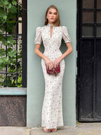 Night Out Dresses Maxi Burgundy Short Puff Sleeves High Collar Summer Dress