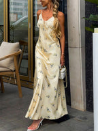Daily Dresses Maxi Woman's Sleeveless Backless Straps Neck Chic Apricot Summer Dress