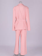 Two Piece Sets Pant Set Pink Chic Sash Cotton Turndown Collar Long Sleeves Top Pant Suits