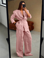 Two Piece Sets Pant Set Pink Chic Sash Cotton Turndown Collar Long Sleeves Top Pant Suits