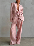 Two Piece Sets Pant Set Pink Chic Sash Cotton Turndown Collar Long Sleeves Top Pant Suits