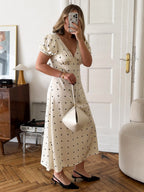 Daily Dresses Maxi Woman's Short Sleeves V-Neck Casual Apricot Summer Dress