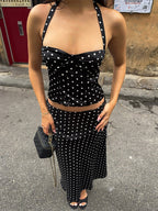 Two Piece Sets Black Chic Polka Dot Office Career Halter Sleeveless Summer ToP Skirt Sets