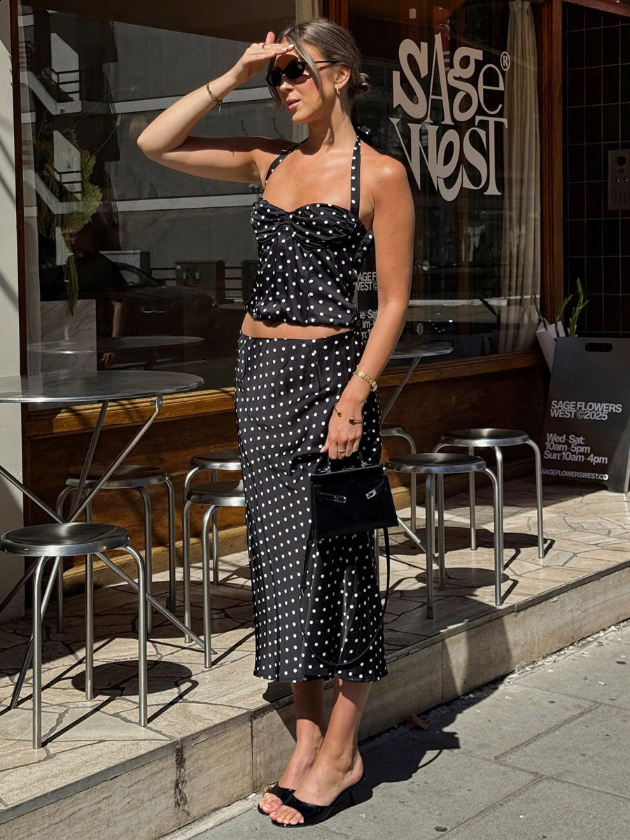 Two Piece Sets Black Chic Polka Dot Office Career Halter Sleeveless Summer ToP Skirt Sets