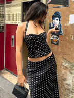 Two Piece Sets Black Chic Polka Dot Office Career Halter Sleeveless Summer ToP Skirt Sets