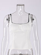 Tanks Black Cami Top Square Neck Pleated Casual Women Summer Camis