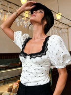 Top Short Sleeves Tees White Polka Dot Pleated Square Neck Women Summer T-Shirt
