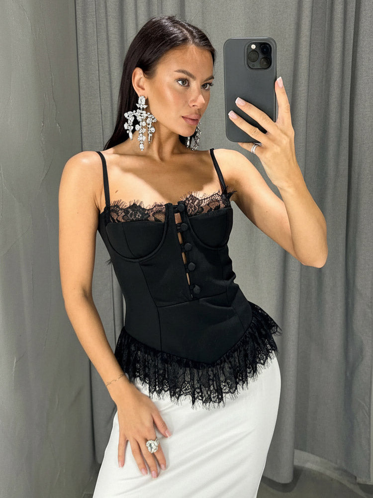 Vest Black Cami Top Straps Neck Lace Casual Backless Women Summer Camis