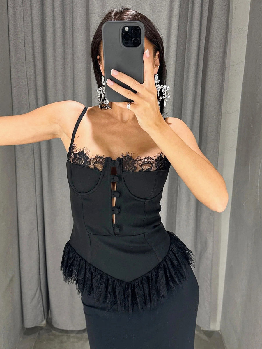 Vest Black Cami Top Straps Neck Lace Casual Backless Women Summer Camis